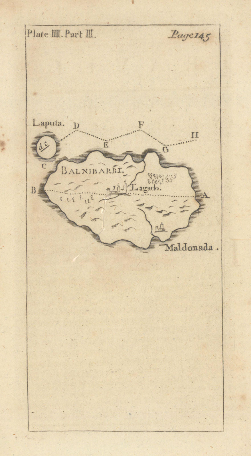 Balnibarbi & Laputa flying island. Jonathan Swift. Gulliver's Travels 1751 map